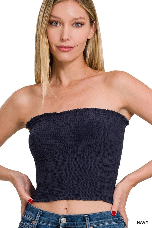 TOP . SMOCKED TUBE TOP NAVY