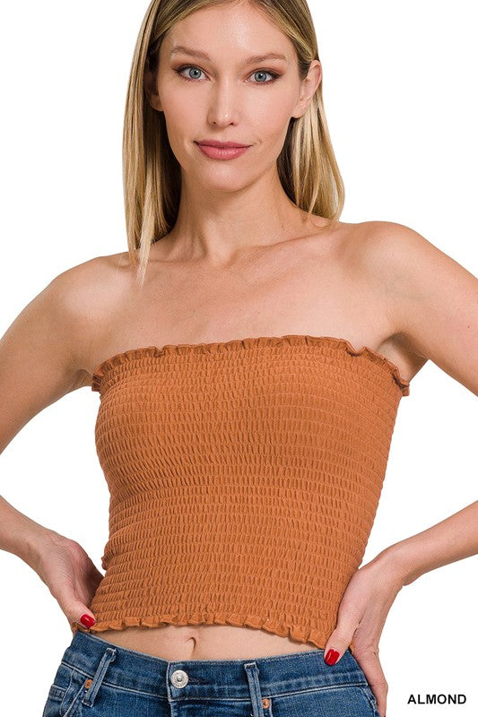 TOP . SMOCKED TUBE TOP ALMOND