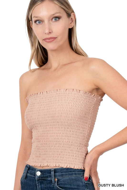 TOP . SMOCKED TUBE TOP DUSTY BLUSH