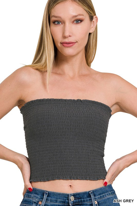 TOP . SMOCKED TUBE TOP ASH GREY