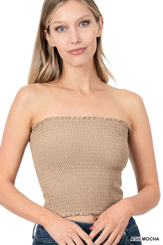 TOP . SMOCKED TUBE TOP ASH MOCHA
