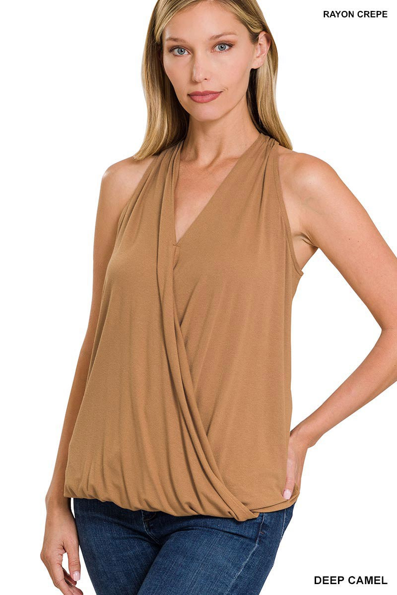 HALTER TOP DEEP CAMEL . RAYON SPAN CREPE SURPLICE HALTER TOP DEEP CAMEL