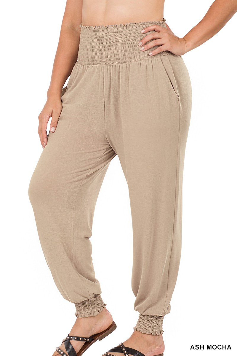 JOGGER PANTS ASH MOCHA . PLUS HIGH-WAISTED SMOCKED LOUNGE JOGGER PANTS ASH MOCHA