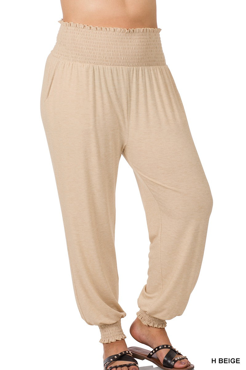 JOGGER PANTS H BEIGE . PLUS HIGH-WAISTED SMOCKED LOUNGE JOGGER PANTS H BEIGE