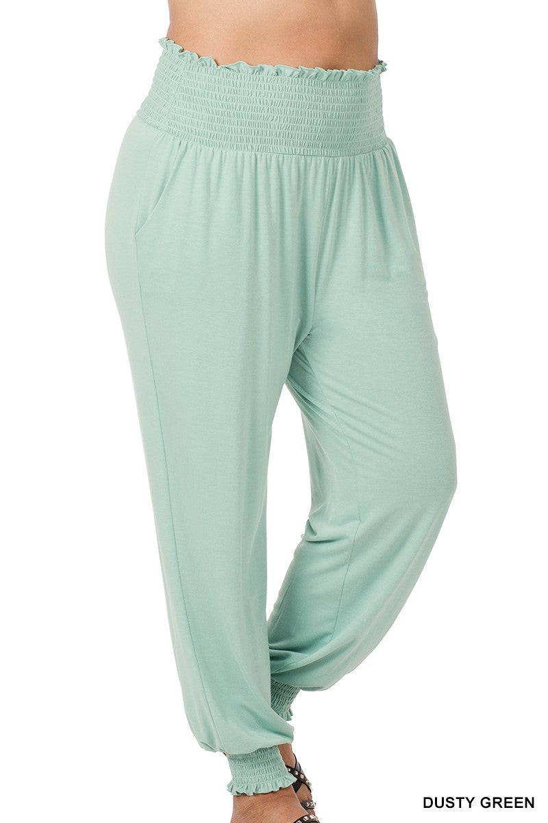 JOGGER PANTS DUSTY GREEN . PLUS HIGH-WAISTED SMOCKED LOUNGE JOGGER PANTS DUSTY GREEN