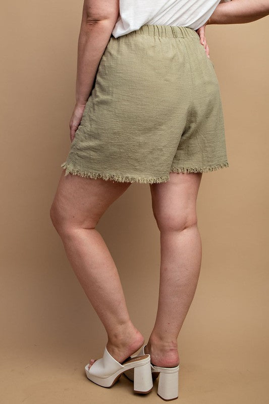 Shorts Sage . Drawstring Waist Frayed Hem Shorts Sage.