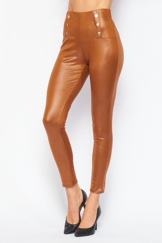 Leggings . Vegan Leather Skinny High Waist 6 Button Leggings COGNAC