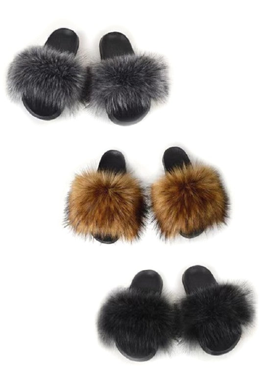 SINGLE BAND FURRY SLIPPERS SLIDES - S/M GREY BLACK