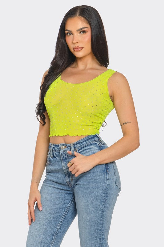 CROP TOP Neon Pink . SLEEVELESS SHEER MESH RHINESTONE CROP TOP Neon Pink .
