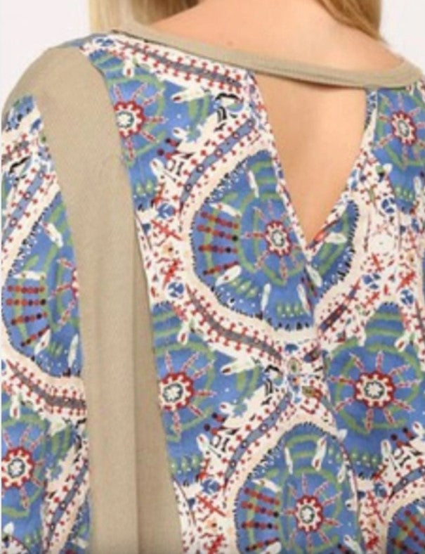 BOXY TOP . Woven Print And Knit Mixed Boxy With Back Key Hole , Blue Mix