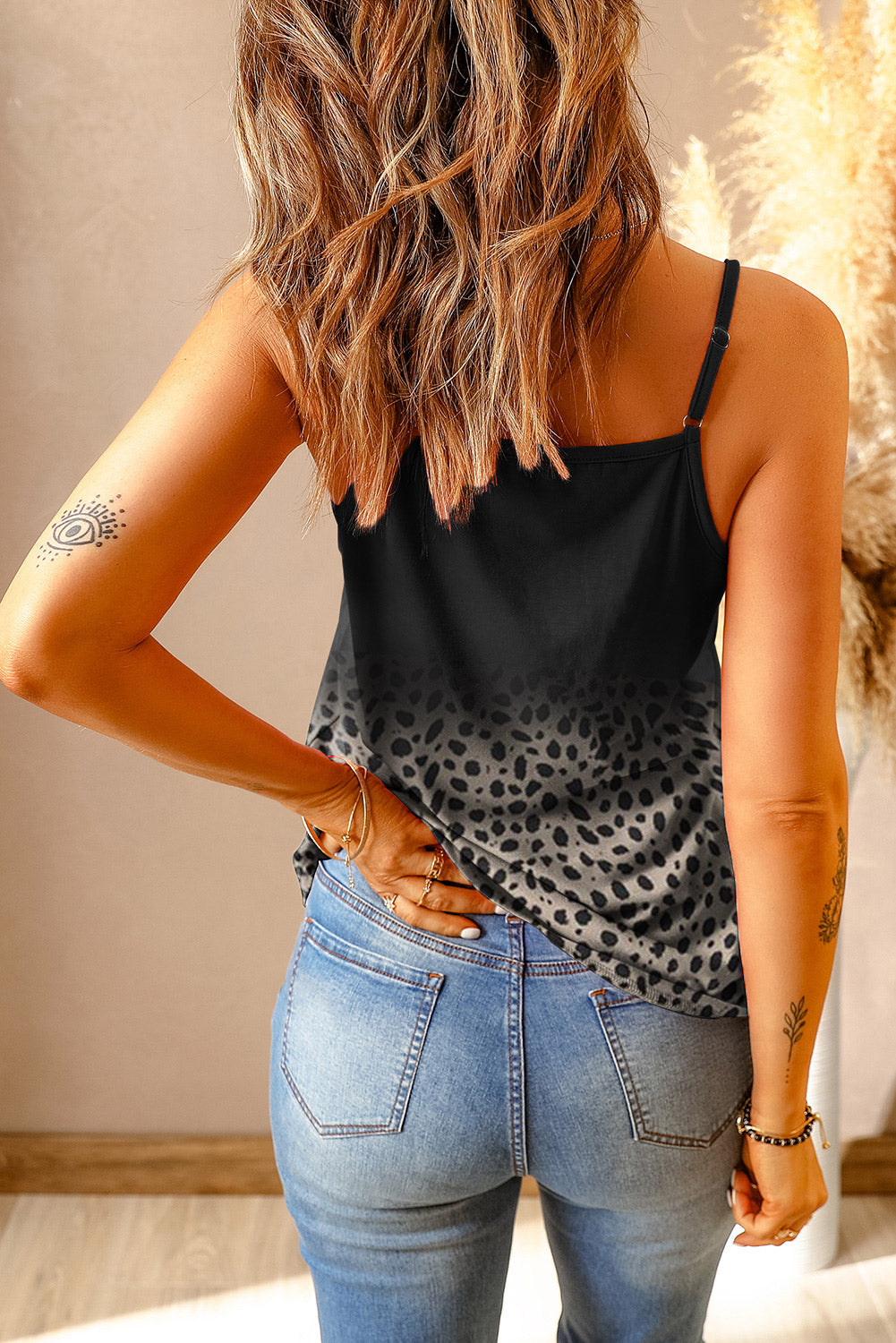Tank Top . Black Gradient Leopard Lace V Neckline