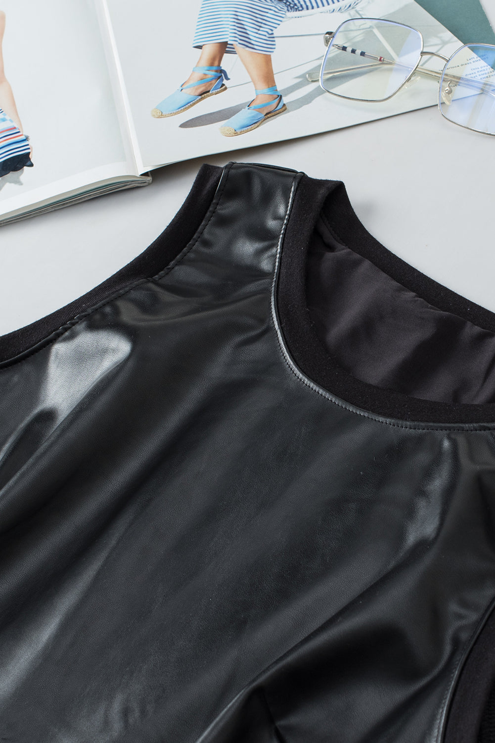 Tank Top . Black Faux Leather Crew Neck Tank Top
