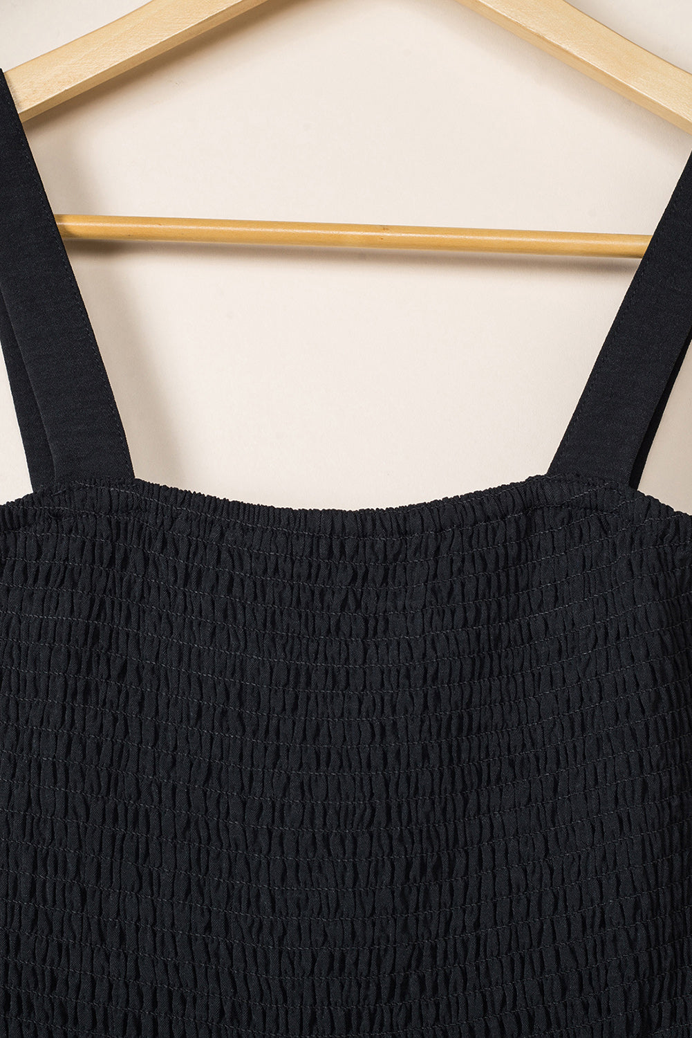 Jumpsuit with Pockets . Black Smocked Sleeveless Wide Leg