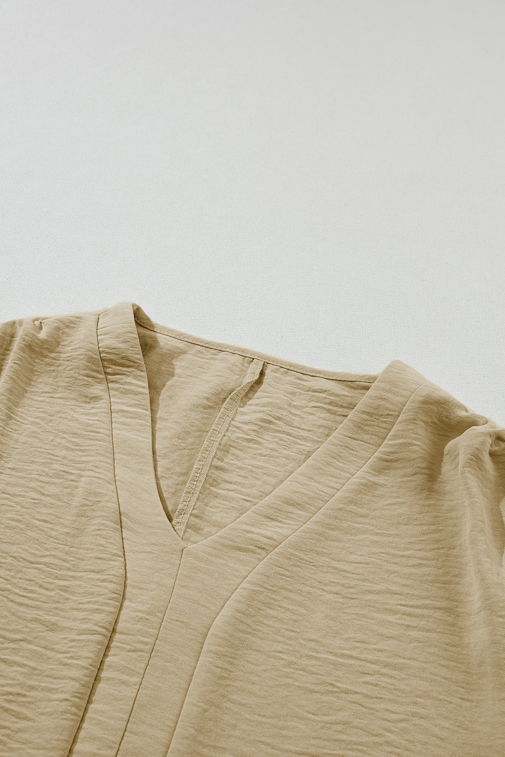 V Neck Wide Sleeve Crinkled Blouse . Parchment Solid