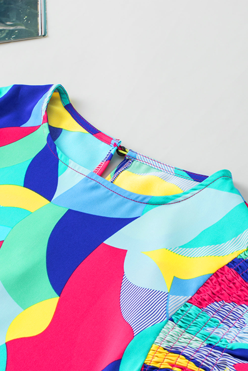 Sleeve Blouse . Multicolor Abstract Print Stitching Ruffle