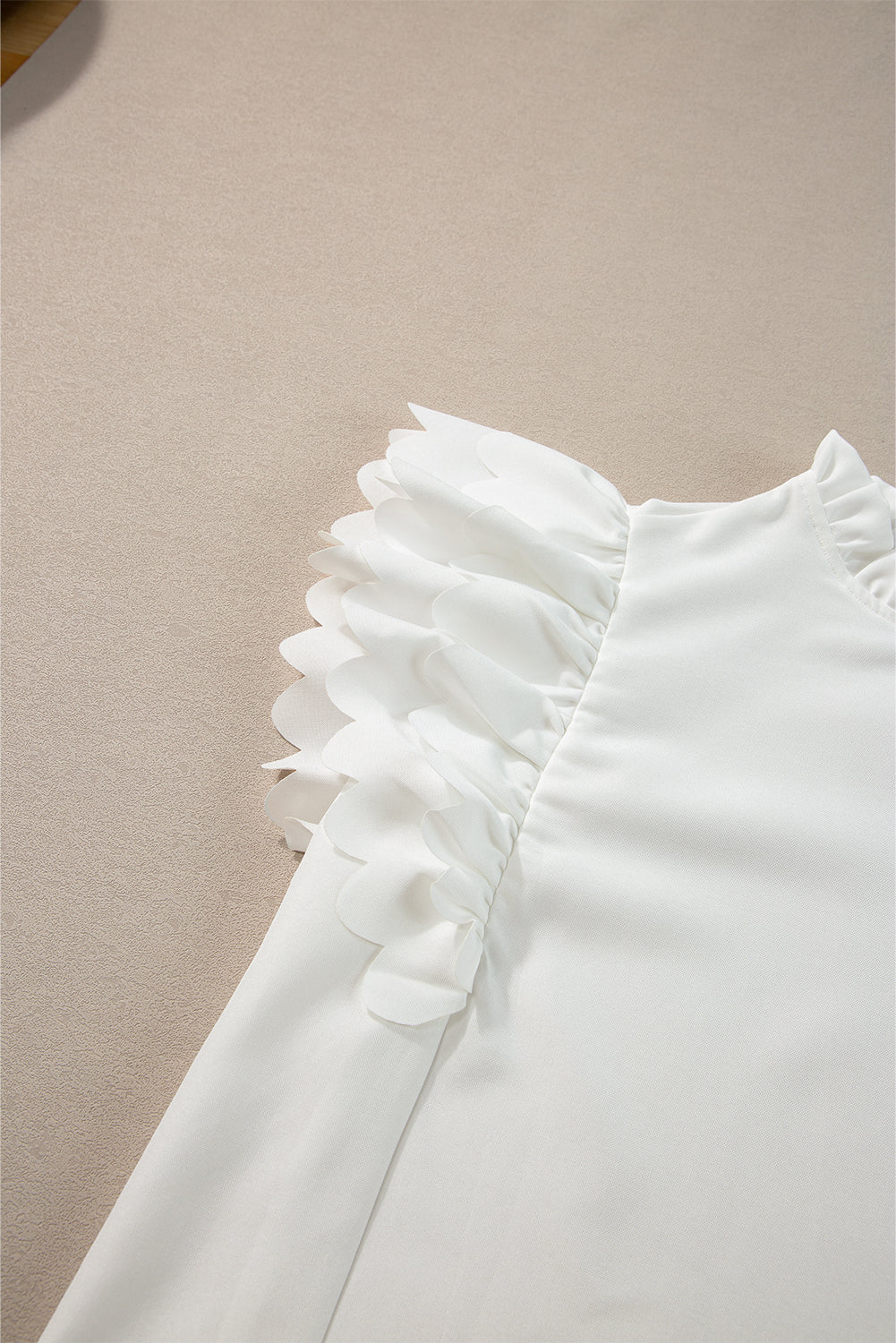 Top . White Solid Color Scalloped Ruffle Sleeve