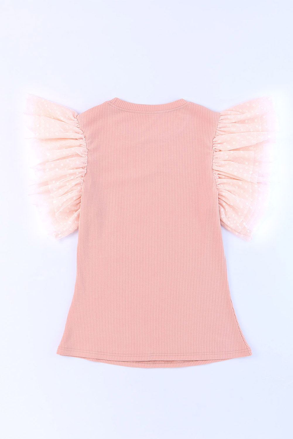Top . Pink Dotty Mesh Ruffle Sleeve Ribbed Knit Top