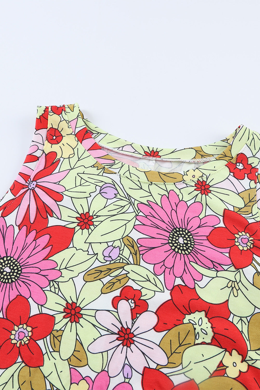 Mini Dress . Fiery Red Round Neck Sleeveless Floral