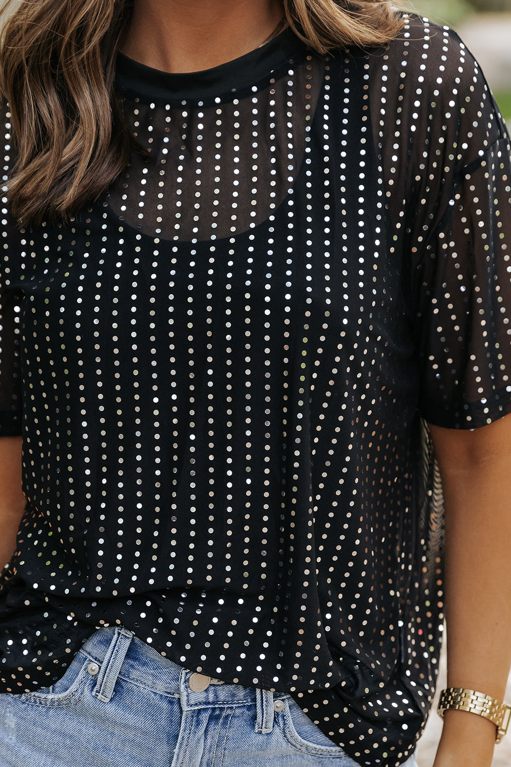 T-shirt . Black Sequin Drop Shoulder Sheer T-shirt