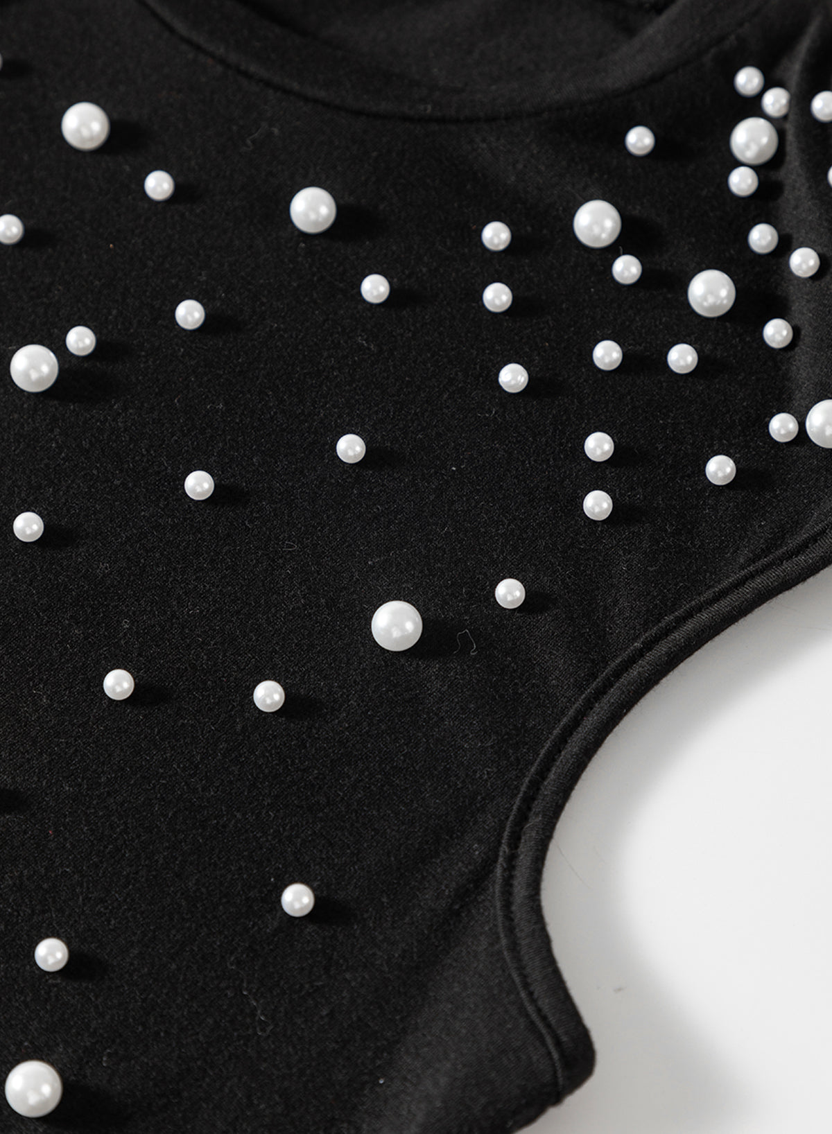 Tank Top . Black Pearls Beaded Shoulder Pad Crew Neck Tank Top