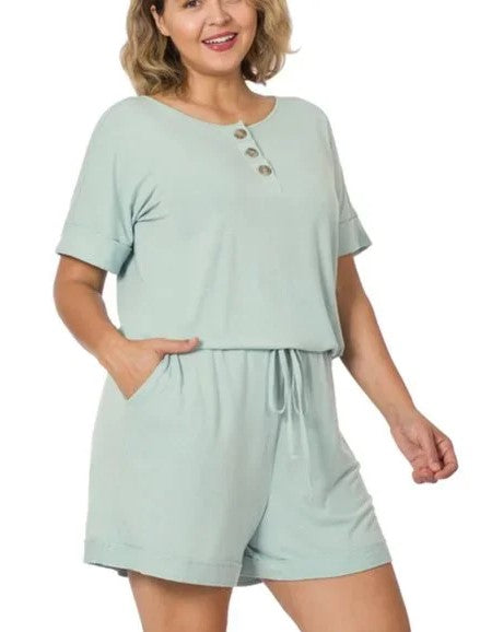 ROMPER LT GREEN . PLUS SHORT SLEEVE ROMPER WITH POCKETS LT GREEN