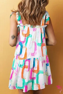 Mini Dress  .  White Abstract Print Knotted Straps Ruffled Mini Dress