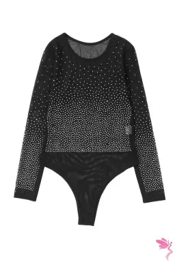 Bodysuit .  Black Rhinestone Embellished Mesh Long Sleeve Bodysuit.