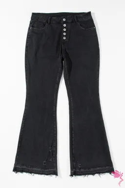 Jeans  .  Black High Waist Button Front Flare Jeans.