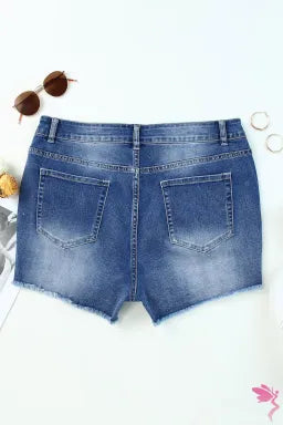 Denim Shorts  .  Sky Blue Quintuplicate Button Fly High Rise Plus Denim Shorts
