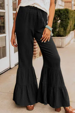 Pants  .  Black Textured High Waist Ruffled Bell Bottom Pants.