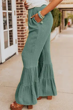 Pants  .  Green Textured High Waist Ruffled Bell Bottom Pants.