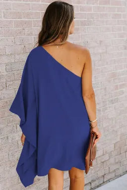 Mini Dress  .  Blue Solid Color One Shoulder Batwing Sleeve Mini Dress