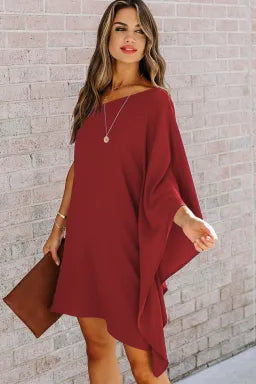 Mini Dress  .  Red Solid Color One Shoulder Batwing Sleeve Mini Dress