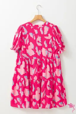 Dress  .  Pink Abstract Printed Puff Short Sleeve Tiered Loose Dress