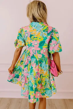 Dress  .  Green Floral Puff Sleeve Collar Buttoned Babydoll Dress