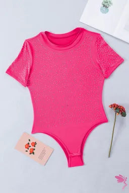Bodysuit  .  Rose Rhinestone Allover Round Neck Short Sleeve Bodysuit.
