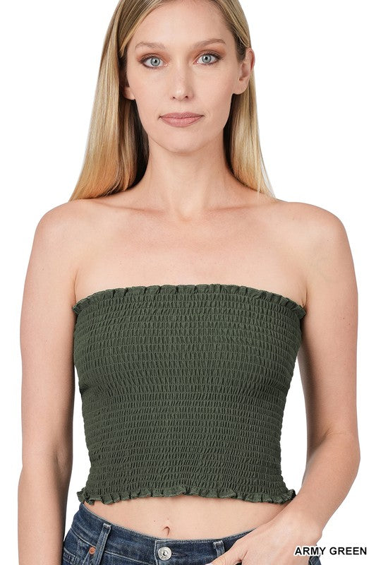 TOP  .  SMOCKED TUBE TOP ARMY GREEN