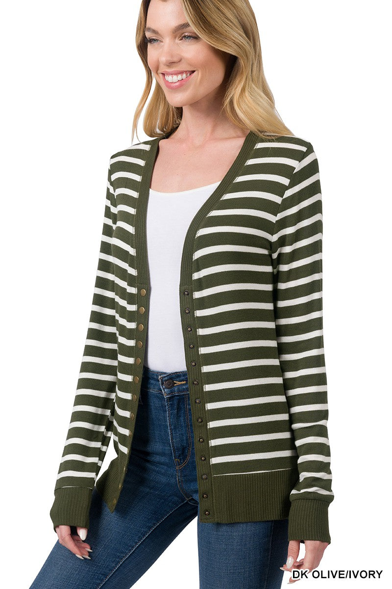 CARDIGAN DK OLIVE/IVORY .  STRIPED SNAP BUTTON CARDIGAN DK OLIVE/IVORY
