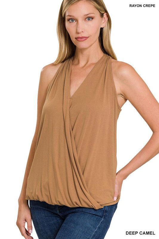 HALTER TOP DEEP CAMEL .  RAYON SPAN CREPE SURPLICE HALTER TOP DEEP CAMEL