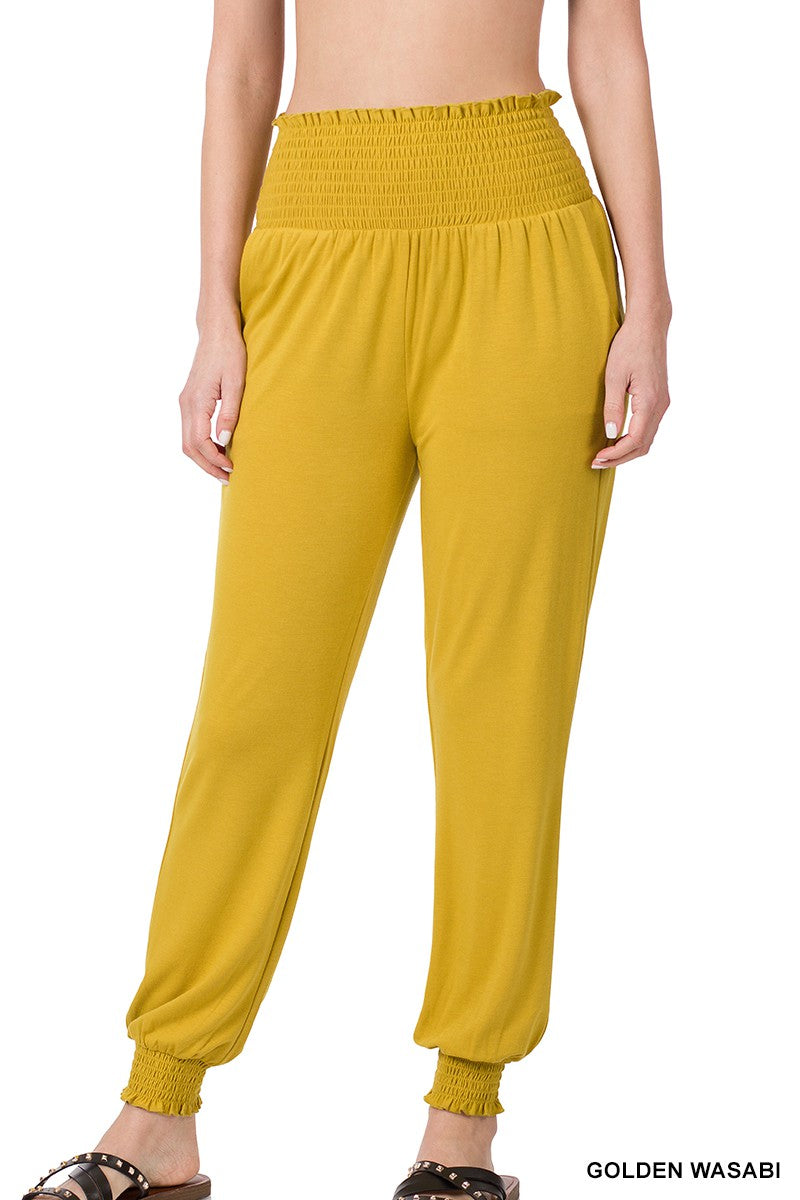 JOGGER PANTS GOLDEN WASABI  .  HIGH-WAISTED SMOCKED LOUNGE JOGGER PANTS GOLDEN WASABI