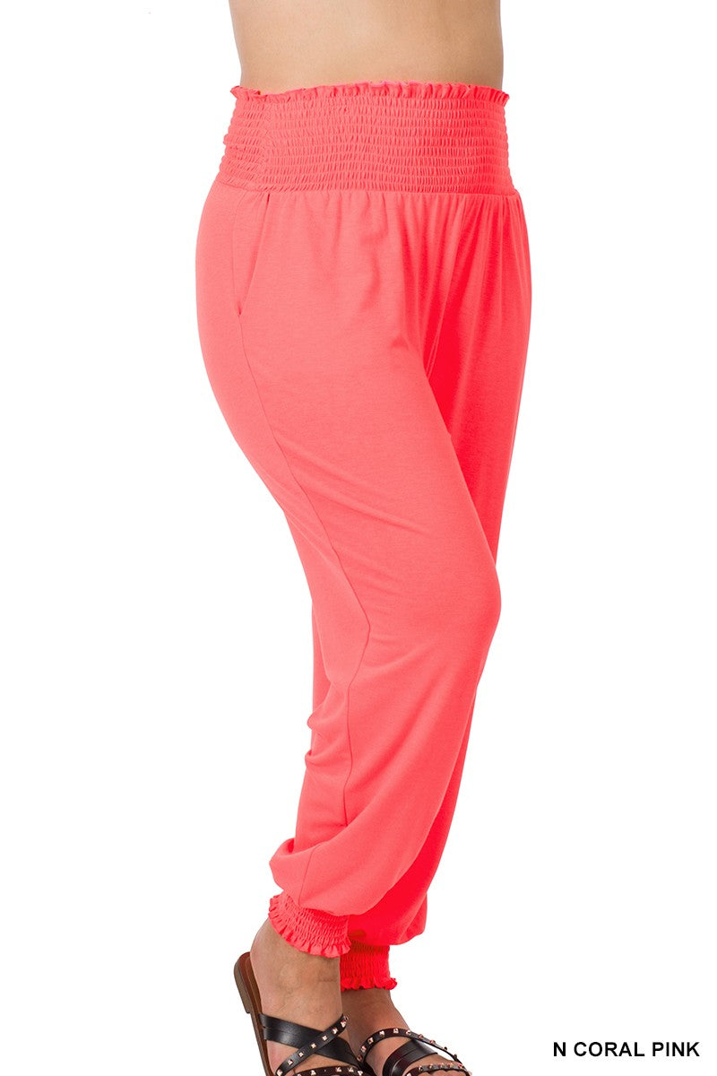 JOGGER PANTS N CORAL PINK .  PLUS HIGH-WAISTED SMOCKED LOUNGE JOGGER PANTS N CORAL PINK