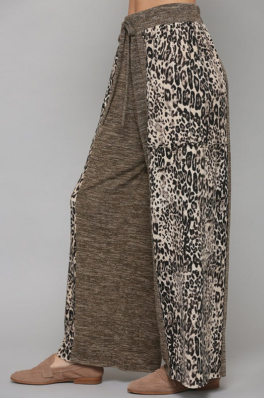 Pants Mocha  .  Two Tone and Leopard Print Knit Mix Pants Mocha.