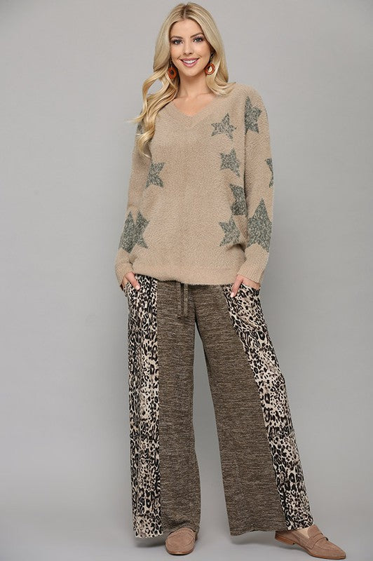 Pants Mocha  .  Two Tone and Leopard Print Knit Mix Pants Mocha.