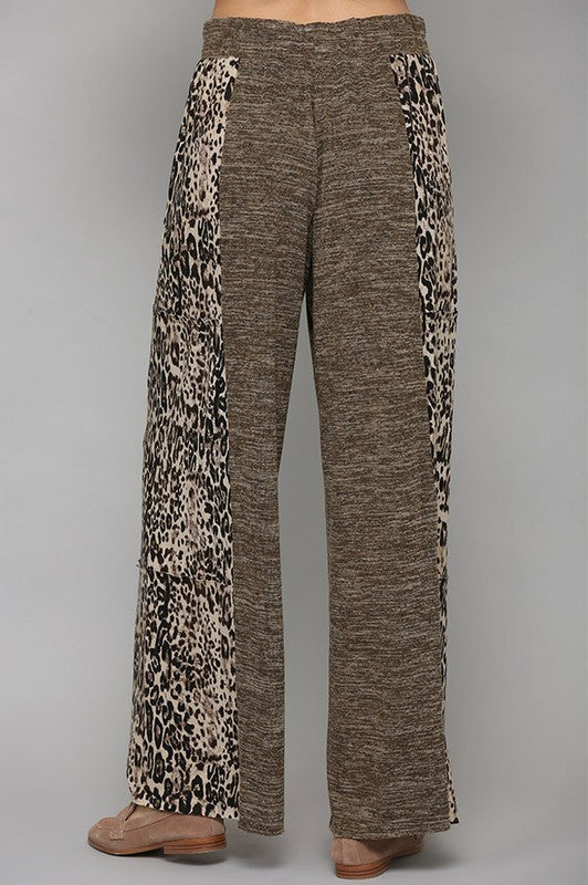 Pants Mocha  .  Two Tone and Leopard Print Knit Mix Pants Mocha.