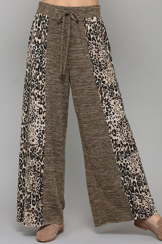 Pants Mocha  .  Two Tone and Leopard Print Knit Mix Pants Mocha.