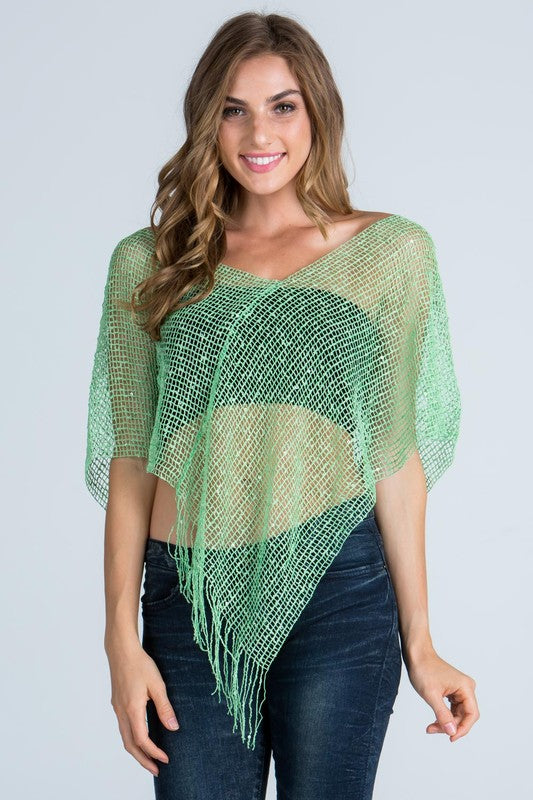 PONCHO  .  lightweight sheer viscose sequin knit shrug poncho, GREEN PONCHO  .