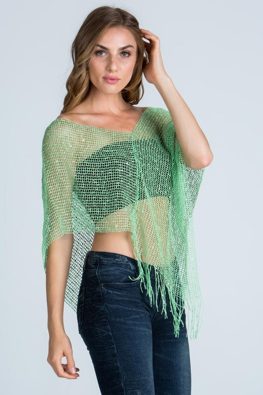 PONCHO  .  lightweight sheer viscose sequin knit shrug poncho, GREEN PONCHO  .