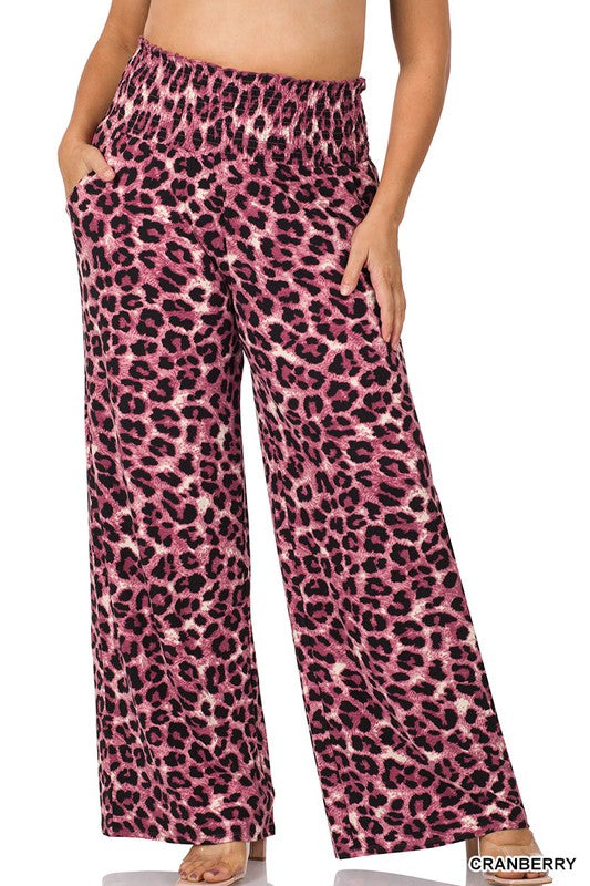 PANTS CRANBERRY  .  PLUS BRUSHED DTY LEOPARD SMOCKED LOUNGE PANTS CRANBERRY