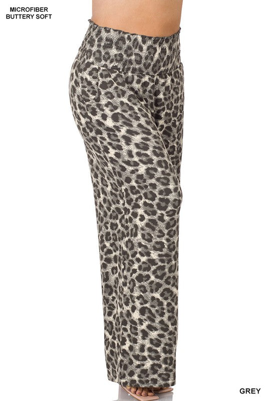 PANTS OLIVE  .  PLUS BRUSHED DTY LEOPARD SMOCKED LOUNGE PANTS OLIVE