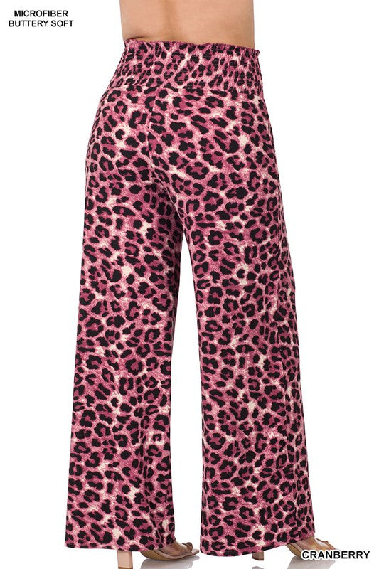 PANTS CRANBERRY  .  PLUS BRUSHED DTY LEOPARD SMOCKED LOUNGE PANTS CRANBERRY